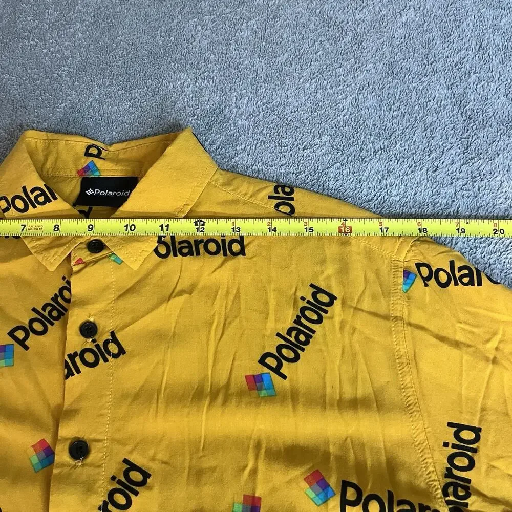 Polaroid Men's Small Short Sleeve Button Down Shirt Yellow All Over Print Logo S